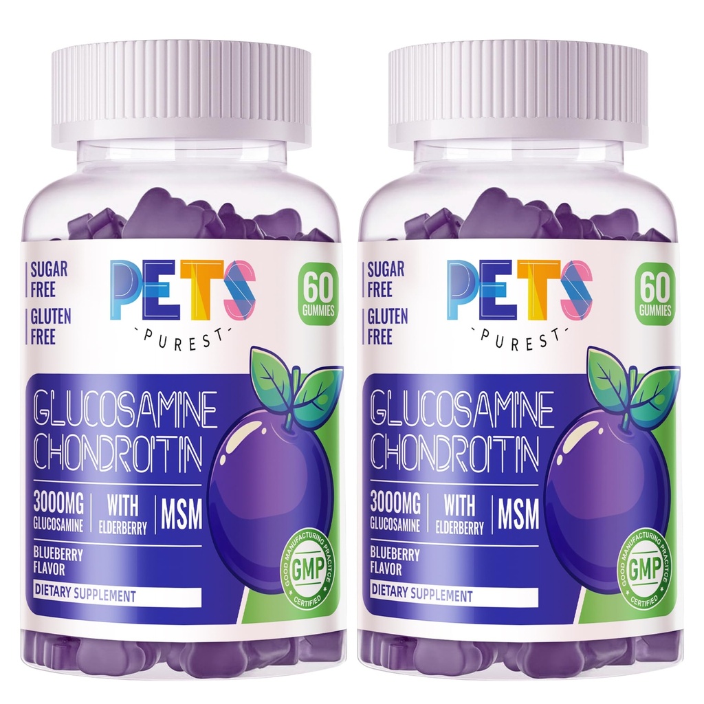 Pets Purest Glucosamine Chondroitin Gummies with MSM & Elderberry Extra Strength - Joint Support, Antioxidant Immune Support Supplement for Adults, Men &amp; Women.(2 Pack) Blueberry