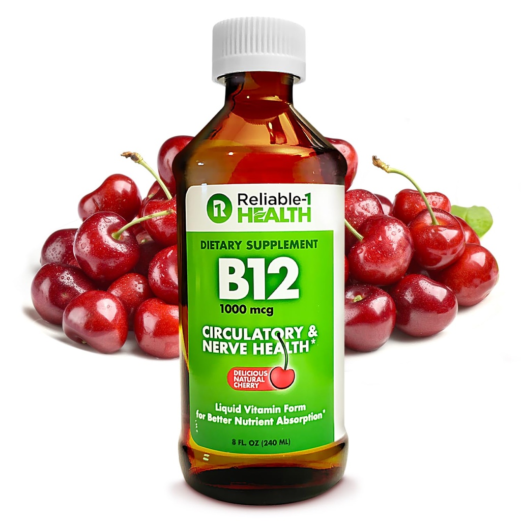 Fiable-1 Laboratorios Vitamina líquida B12 Suplemento diario 1000mcg para hombres adultos &amp; mujeres - Natural Cherry Flavor