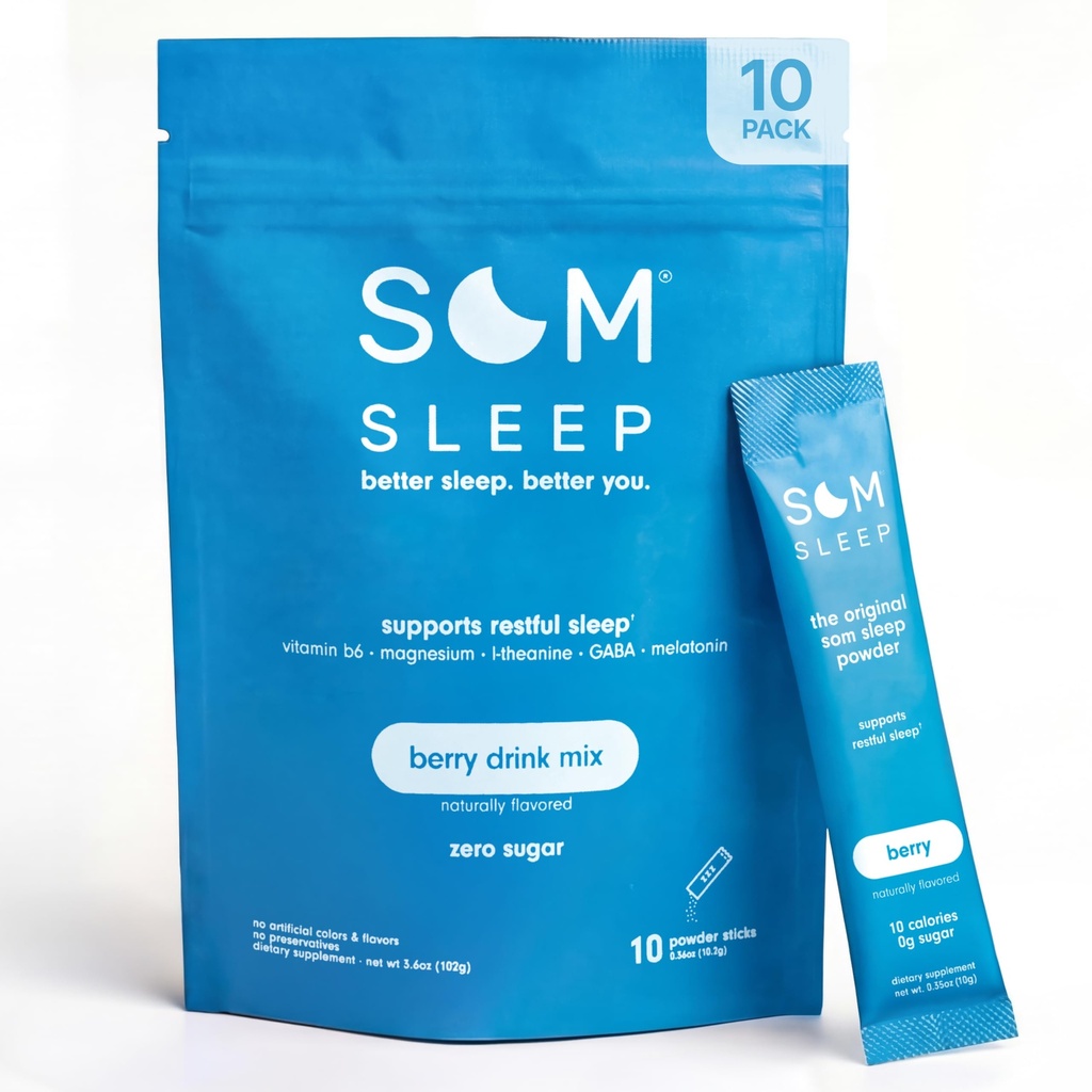 Som Sleep, Calm Sleep Powder Drink Mix, 3mg Melatonin, Magnesium, Vitamina B6, L-Theanine & GABA – Vegan, Zero Sugar, Keto Friendly – Berry, 10-Pack