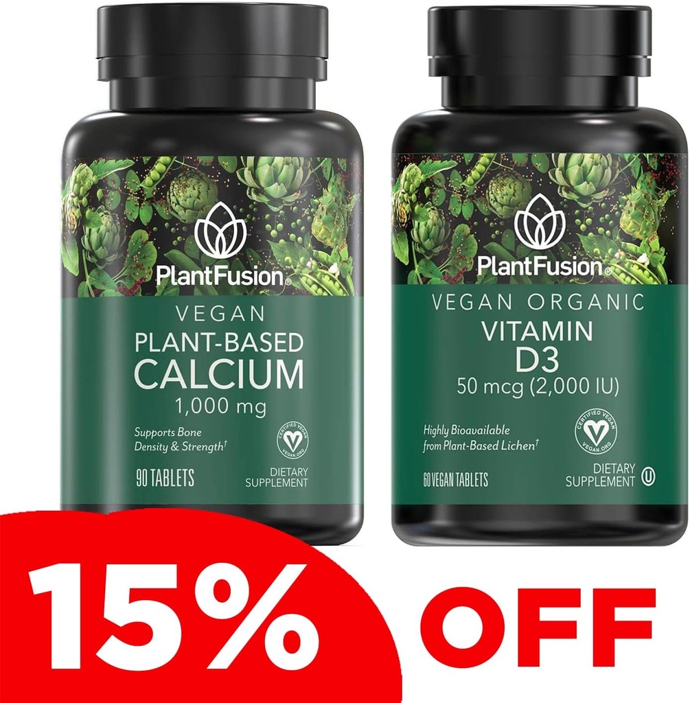 PlantFusion Vegan Calcium &amp; D3 Bundle - Premium Plant Based Calcium 1000mg y D3 2000IU Suplementos para el crecimiento de los huesos, la densidad y el soporte de la fuerza &amp; inmunológico