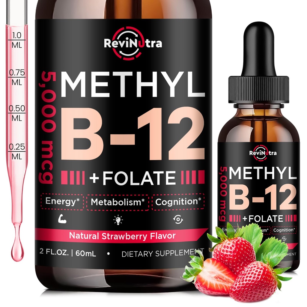 Vitamina B12 gotas líquidas, B12 vitaminas 5000 mcg, Vitamina B Suplemento Complejo con Metilcobalamina B12 Sublingual, Vitamina B6, Folate for Energy, Brain, Heart Health, Vegan Strawberry Flavor 2 Fl Oz