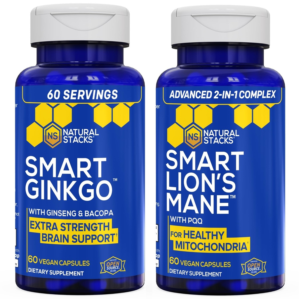 NATURAL STACKS Ginkgo Biloba + Lions Mane Mushroom Bundle - Focus &amp; Memory Support* - 120 Capsules