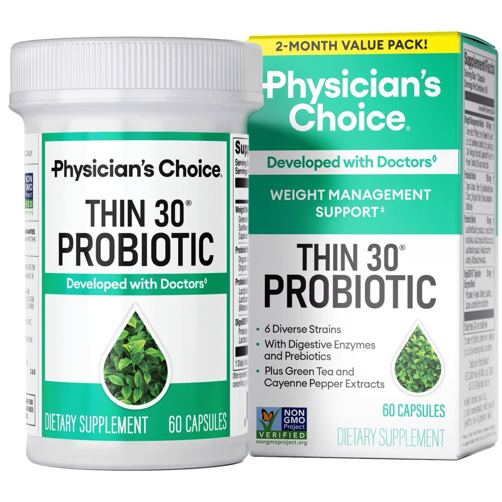 Physician's CHOICE Probiotics for Weight Management & Bloating - 6 Probiotic Strains - Prebiotics - Key ingredient Cayenne - Supports Gut Health - Weight Management for Women &amp; Men - Green Tea - 60 CT
