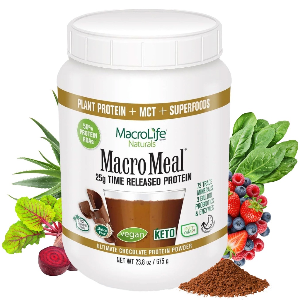 MacroLife Naturals MacroMeal Vegan Chocolate Protein Powder Superfood Greens Probióticos + Fibra, Immune Energy Digestive Daily Essentials for Women &amp; Men Gluten-Free - 23.8oz (15 Servings) Chocolate