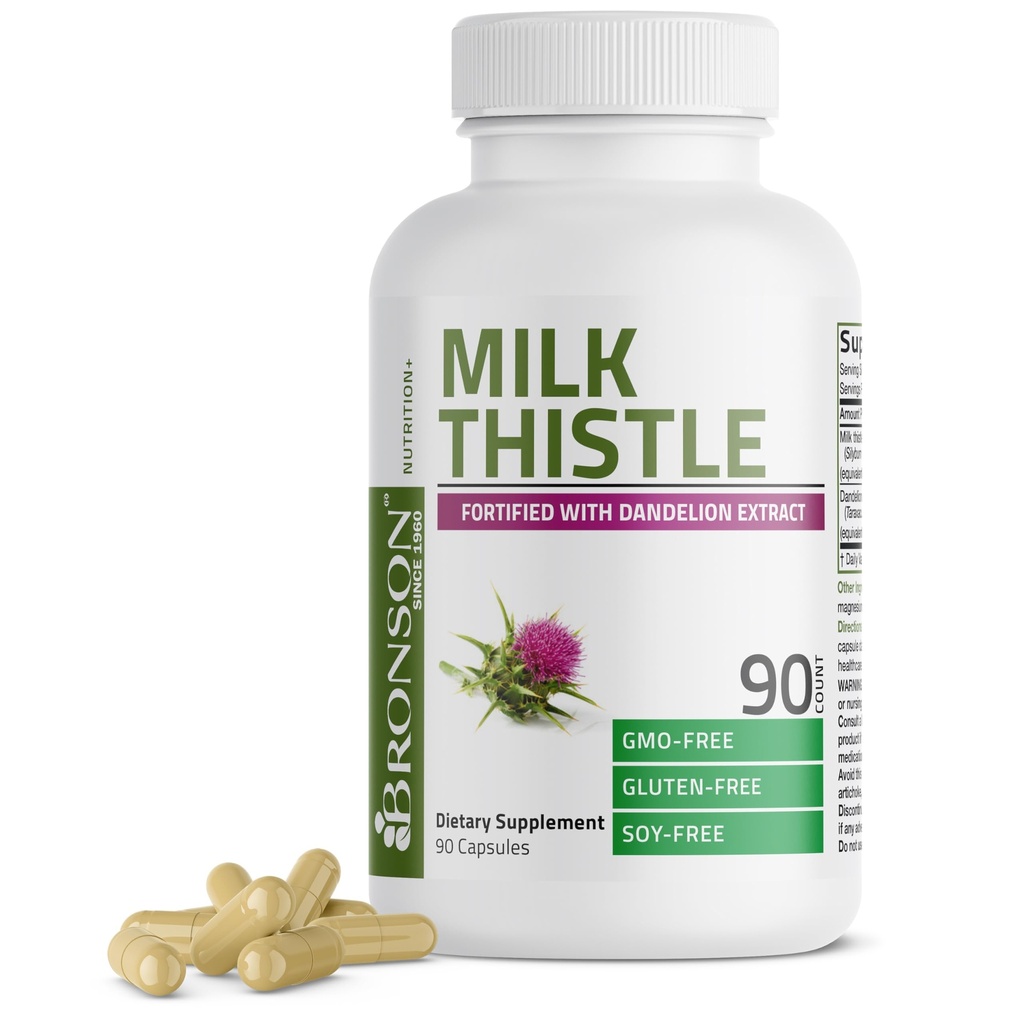 Bronson Milk Thistle Silymarin Marianum &amp; Dandelion Extract Liver Health Support, Antioxidant Support, Detox, 90 Capsules