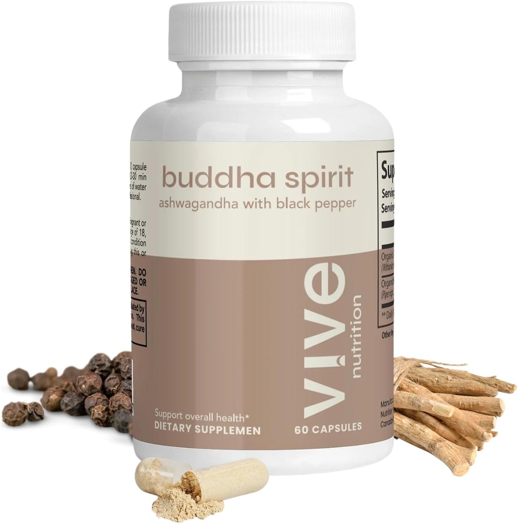 Buda Espíritu Ashwagandha Capsules con Pepper Negro - 100% Orgánico, Vegan & Sin gluten - 60 Cuenta, 30 días de suministro