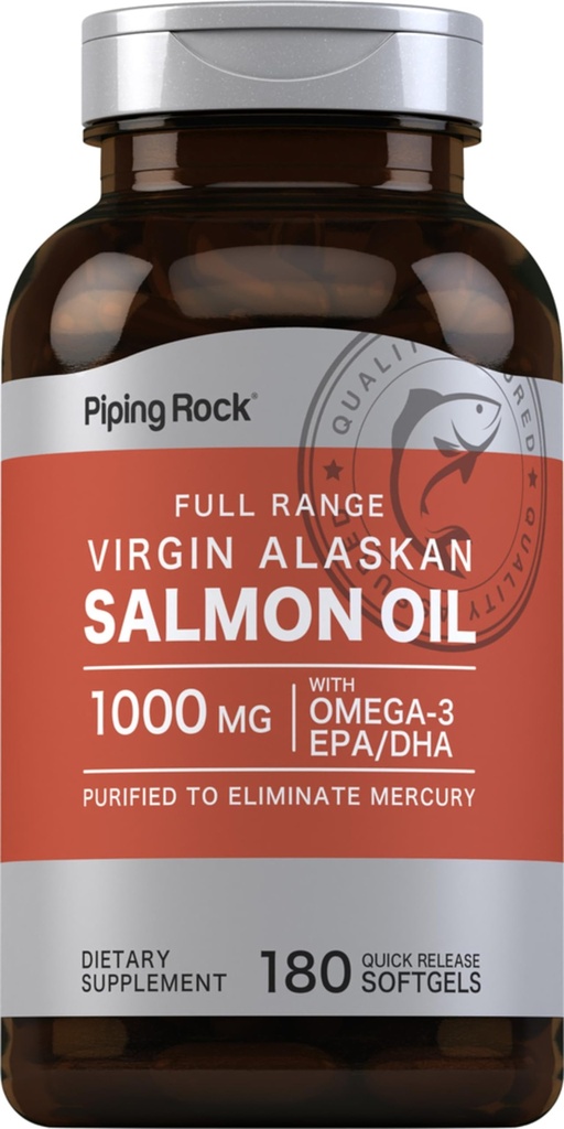 Piping Rock Wild Alaskan Salmon Fish Oil TENIDO 1000mg TEN 180 Softgels TENIDO Suplementos para los seres humanos TEN Omega-3, EPA, y DHA TEN NO-GMO y Gluten Free