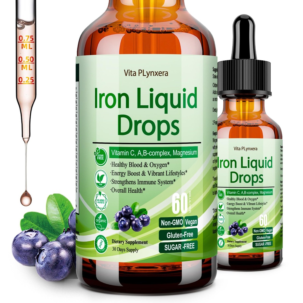 Suplemento de hierro líquido para niños, gotas de hierro vegano con vitamina C D, B12, B-Complex, líquido de alta potencia con multivitamina para la anemia, apoyo energético, sangre, gentil de magnesio