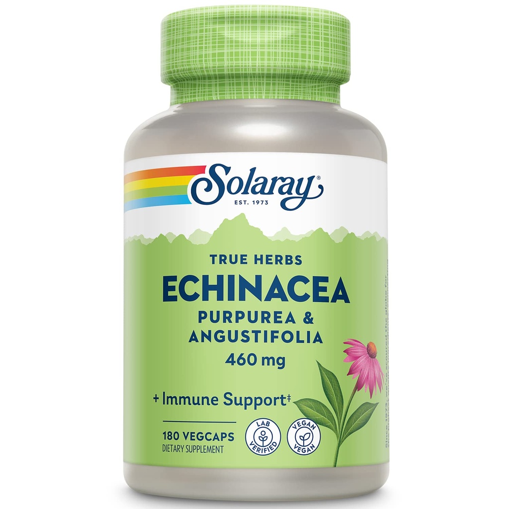 SOLARAY Echinacea Purpurea " Angustifolia Root 460 mg TENIDA Función respiratoria saludable inmune " Apoyo Silencioso 180 VegCaps