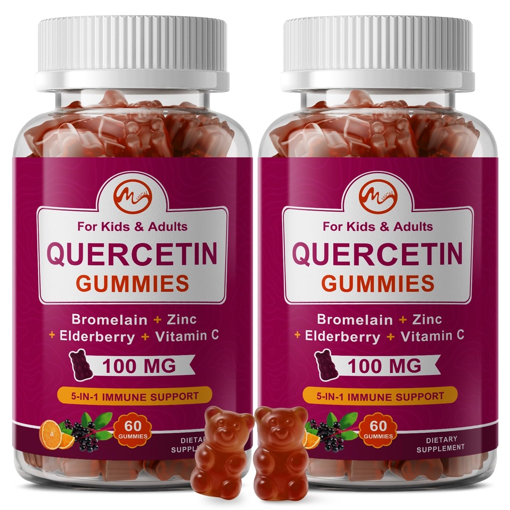 (2 Pack) Quercetina Gummies with Bromelain, Elderberry, Zinc y Vitamina C - Quercetina Chewable 700mg Suplemento para la inmunidad, la alergia, el envejecimiento Apoyo - Gummies Vegan para Adulto &amp; Niño