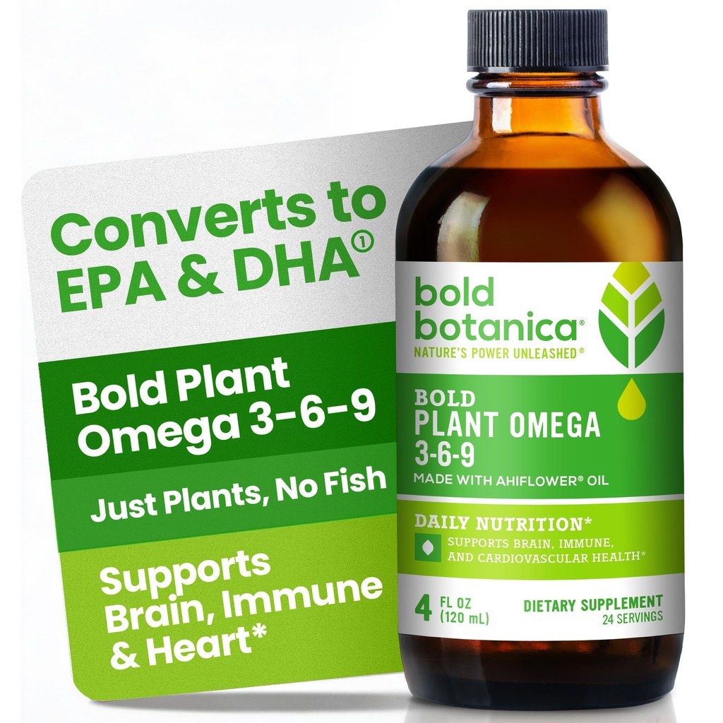 Planta Botánica Bold Omega 3-6-9, con Ahiflower Oil, Vegan Omega 3, Omegas completos de base vegetal para la salud del cerebro, mejor que el Flax, pescado libre, gran sabor, libre de azúcar, sin azúcar, líquido- 4 oz