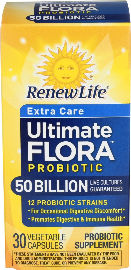 Renew Life Extra Care Digestive Probiotic Capsules, 50 Billion CFU Garantizado, Daily Supplement Supports Immune, Digestive, Respiratory Health(1), L. Rhamnosus GG, Dairy, Soy and Gluten-Free, 30 Count