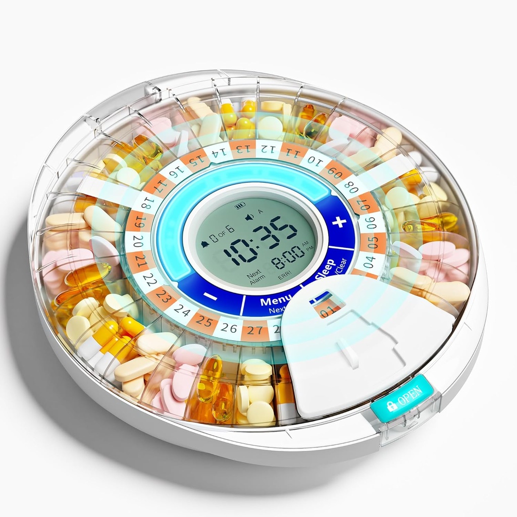 Dispensador automático de píldoras mejorado para las personas mayores con Alarma: Máquina de dispensador inteligente de píldoras con 28 ranuras, tecnología mix-proof y LCD XL, Durabilidad mejorada para la gestión diaria de medicina