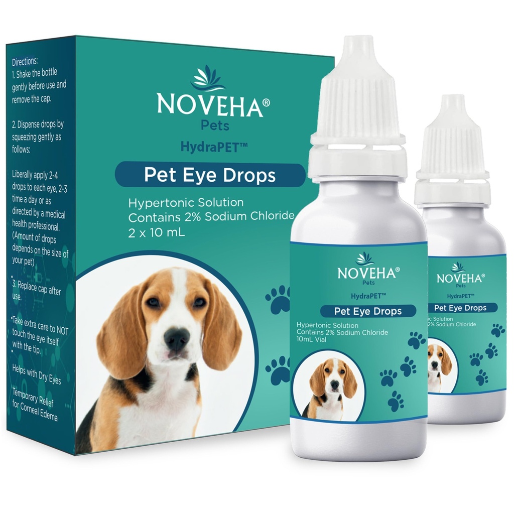NOVEHA HydraPetTM Pink Eye Drops for Dogs &amp; Cats peru Lubricating Artificial Tears with 2% Sodium Chloride, Relieves Corneal Edema &amp; Pets Dry Eye Syndrome, Irritated Animal Eyes - 10mL (Pack of 2)