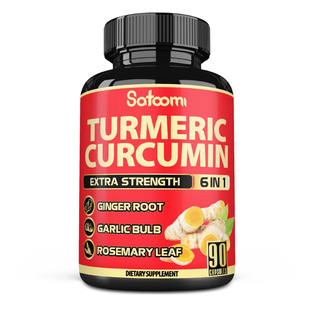 Satoomi 6in1 Turmeric Curcumin Suplemento - 3 Month Supply - 95% Curcuminoides con Ginger Root, Ajo, Rosemary &amp; Black Pepper - 90 cápsulas