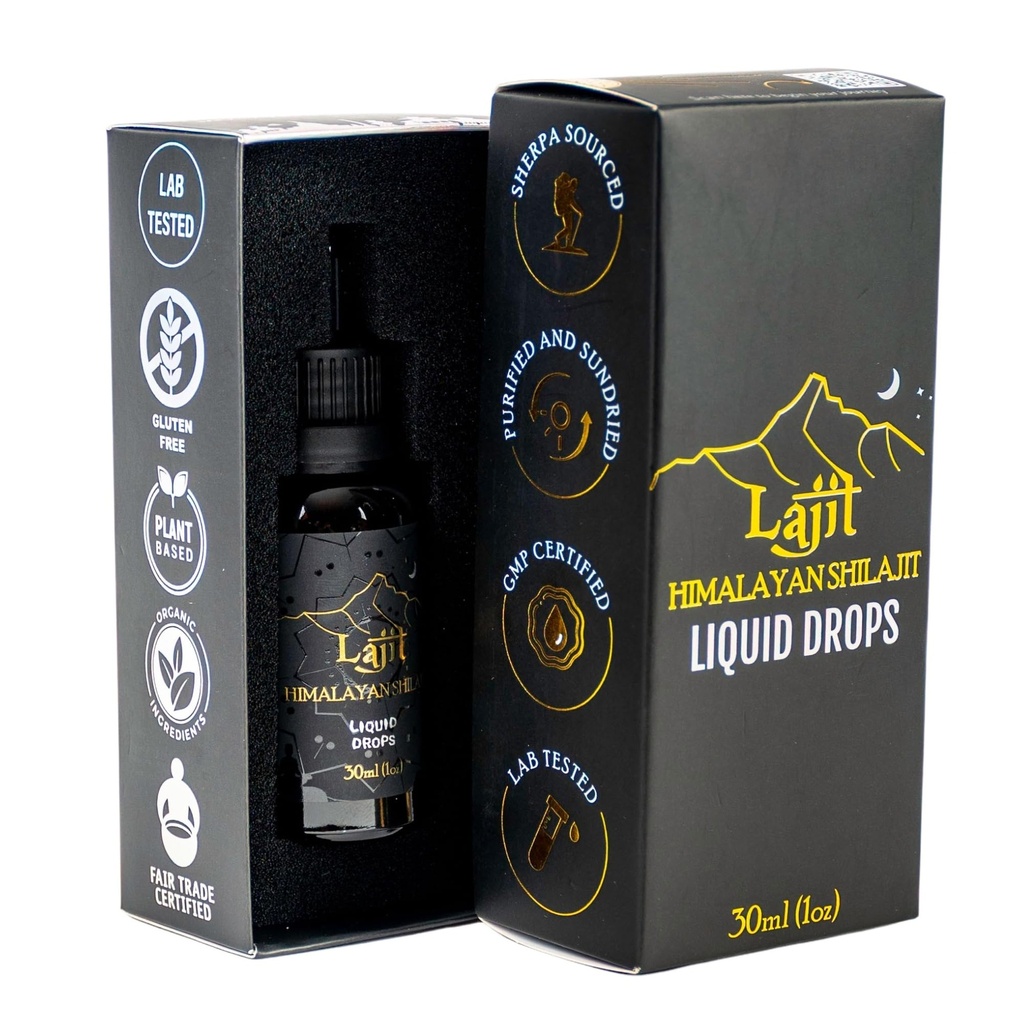 Lajit Gold Grade Himalayan Shilajit Liquid Drops – Organic, Sun-Dried – Bioavailable Nutrients - Fulvic Acid, 85+ Trace Minerals – Lab Tested for Men &amp; Women – Natural Energy, Immunity, Strength– 30ml