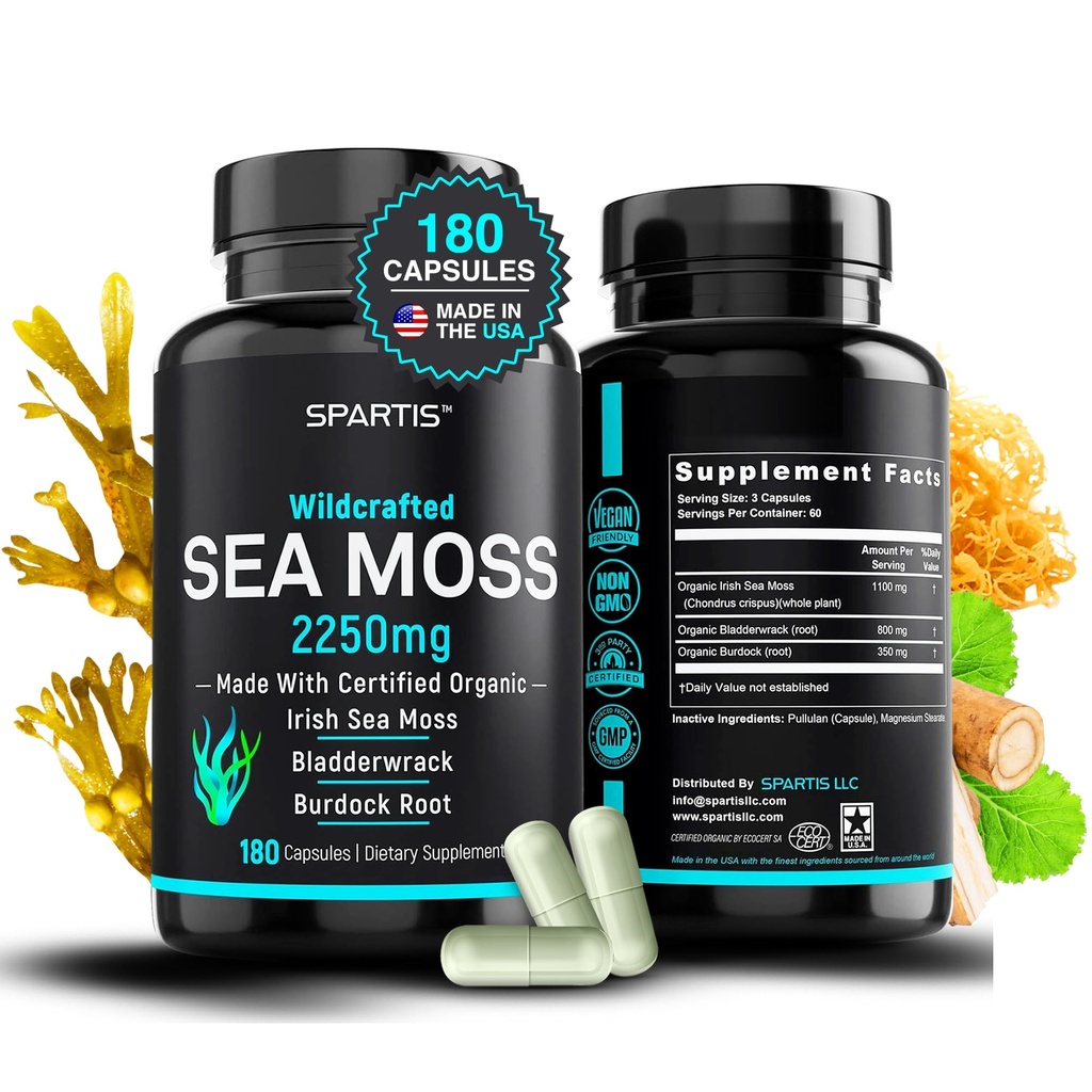 Certified Organic Sea Moss Capsules 2250mg Wildcrafted Irish Sea Moss Burdock Root Bladderwrack Suplemento Raw Seamoss Pills & Powder (Pack of 1 at 180-Caps)