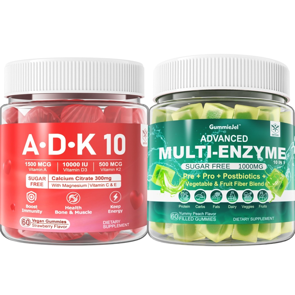 Digestive Enzymes Gummies 1000mg Chewable - Break Down Food Quickly, 90 Billion CFU, Probiotic, Postbiotic, Prebiotic &amp; Fiber Blend &amp; Vitamin ADK Gummies + Calcium Magnesium Zinc Supplement