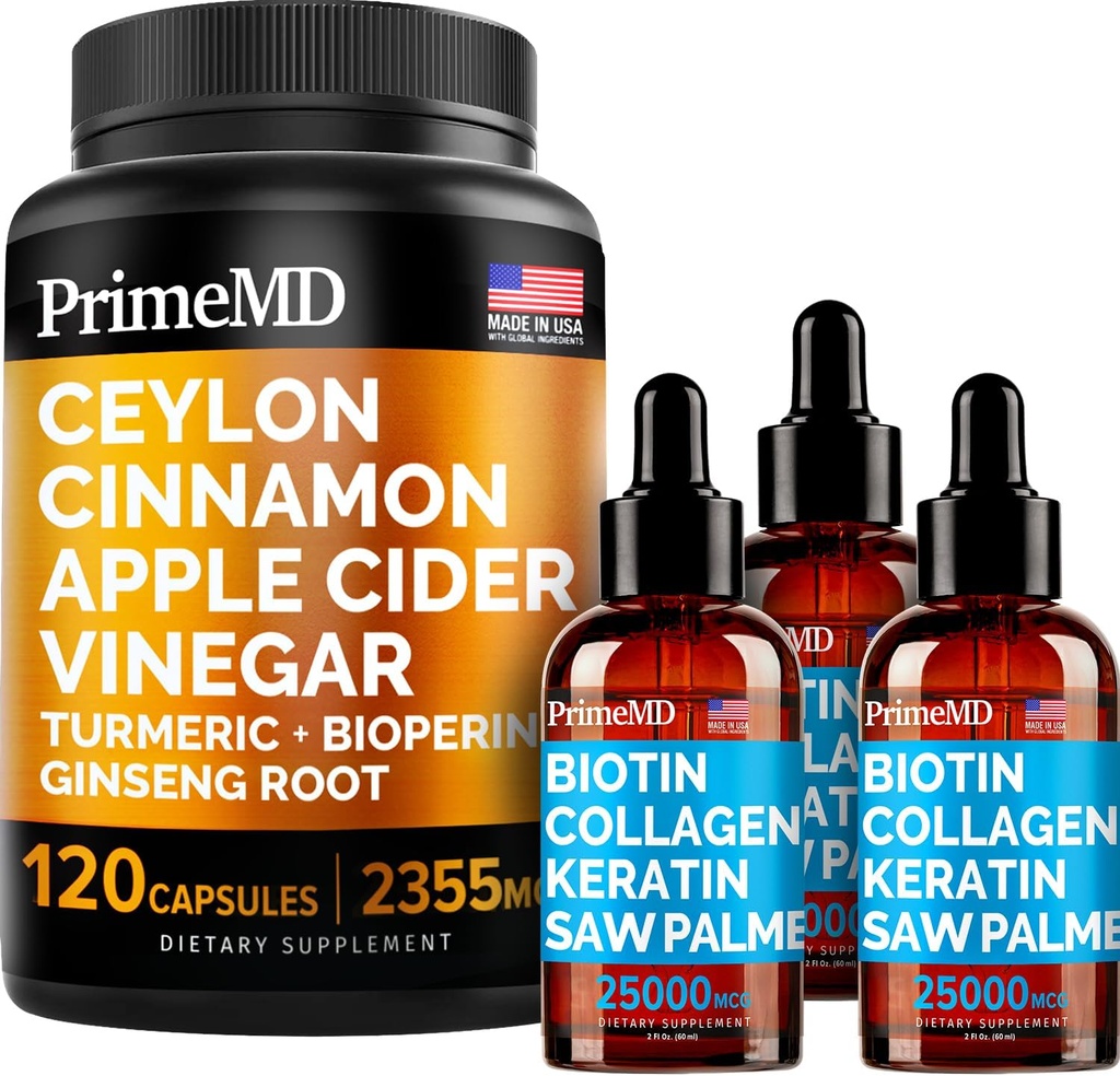 4-in-1 Liquid Biotin Collagen Keratin Saw Palmetto Drops (2 fl oz - 3 Pack) & 5-in-1 Ceylon Cinnamon w Turmeric " Ginseng Root (120ct) Bundle - Hair, Skin, Nails, " Immune Support Supplement