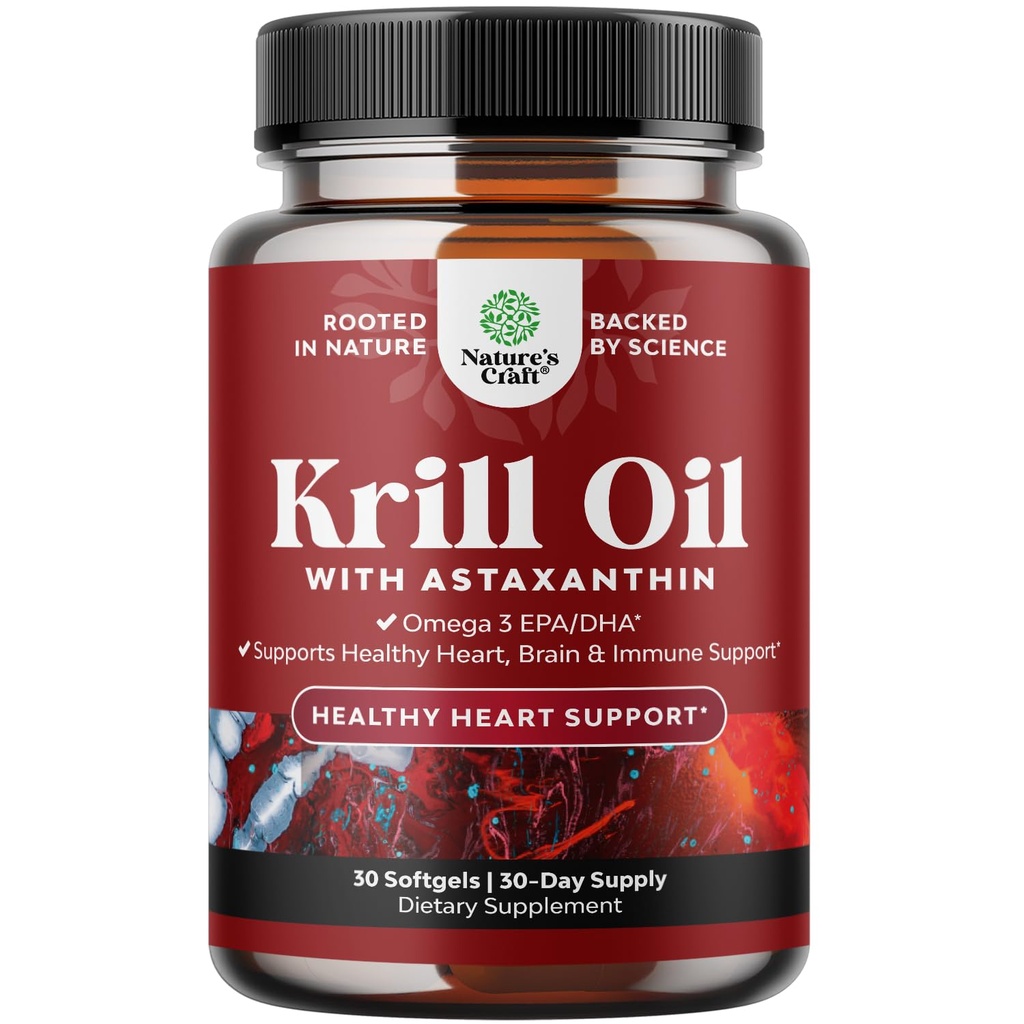 Krill Omega 3 Fish Oil Softgels - Concentrated Krill EPA & DHA Fish Oil Omega 3 Suplemento para Mujeres &amp; Hombres para Immune Support, Healthy Brain & Heart Health - Burpless Fatty Acids Supplement - 30 Count