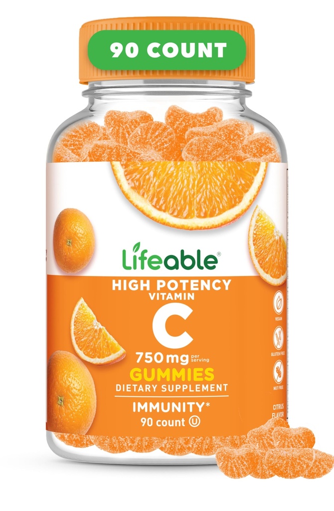 Lifeable Vitamina C Gummies for Adults TEN 750mg TENIDO Great Tasting Orange Flavor VIT C TEN Vegan Non GMO Vitamina C Chewable Silencio para Immune Support TEN 90 Gummies