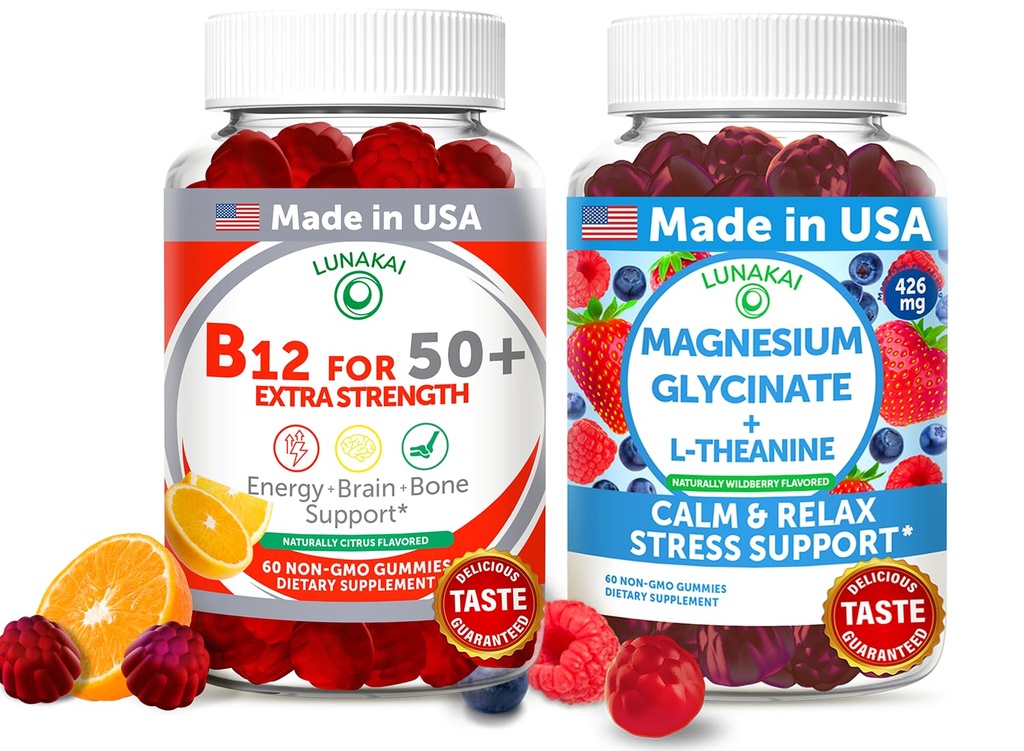 Lunakai USA Made Vitamina B12 para adultos 50+ &amp; Magnesium Glycinate Gummies Bundle, Supports Energy, Mood, Relax &amp; Stress Relief, Non-GMO, Vegan, 60ct Cada uno