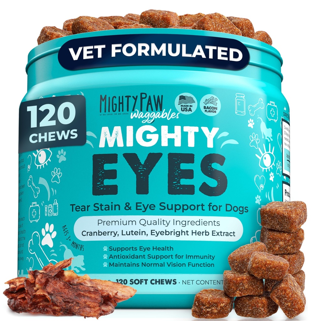 Poderosos Ojos de Paw Waggables (Fabricación en EE.UU.) Ø Tear Stain Chews for Dogs. Vision y Tear Stain Apoyo Suplementos para Perros. Lutein Suplemento. Lubricados Ojos, Soporte Inmunitario (120 Ct)