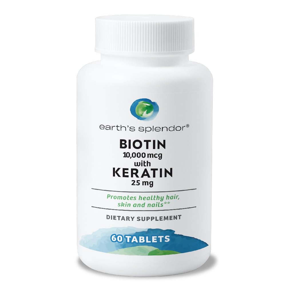 Esplendor de la Tierra Biotina 10.000 mcg + Keratin 25mg, promueve el cabello saludable, las uñas fuertes y el soporte de piel, fuente de 60 días