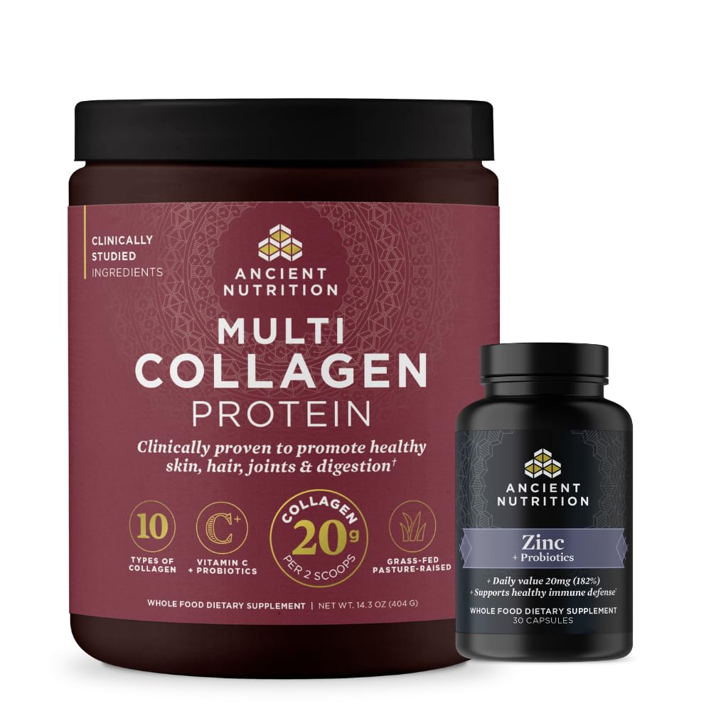 Nutrición antigua Cápsulas de zinc, 30 Cuenta + Pólvora Multi Collagen Protein, Desarrollado, 40 Servimientos