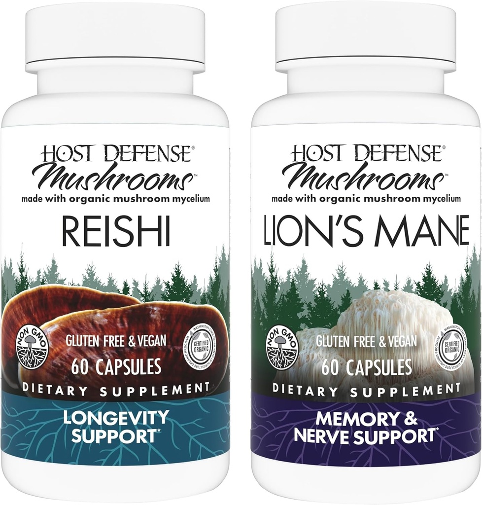 Host Defense Bundle con Reishi Capsules, 60 Conde &amp; Lion's Mane Capsules, 60 Conde - Apoyo al Corazón & Immune Health - Apoyo a la salud cerebral, memoria & Focus*