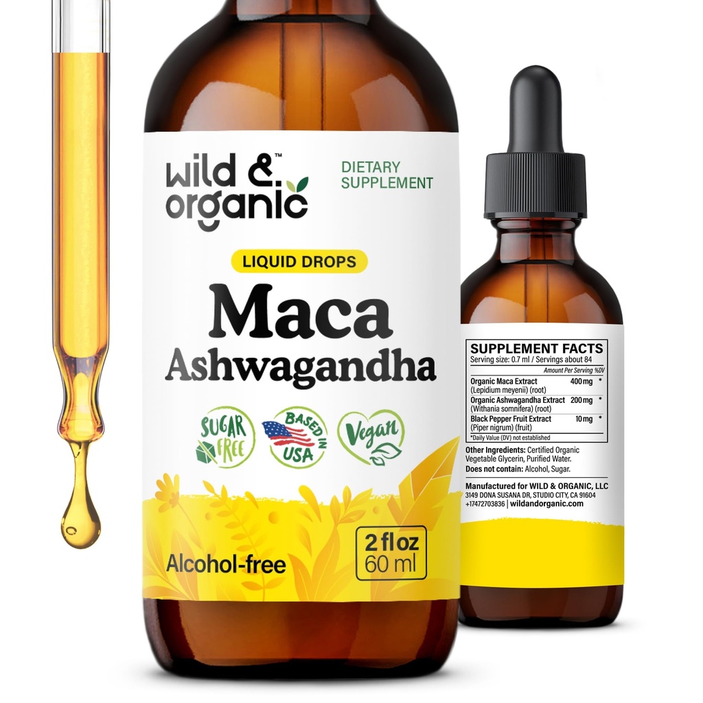 Wild & Organic Maca Ashwagandha gotas para hombres y mujeres - Peruano Maca Root y Ashwagandha Tincture para soporte general - Vegan, Azúcar &amp; Alcohol-Free Extract Suplemento - 2 fl oz