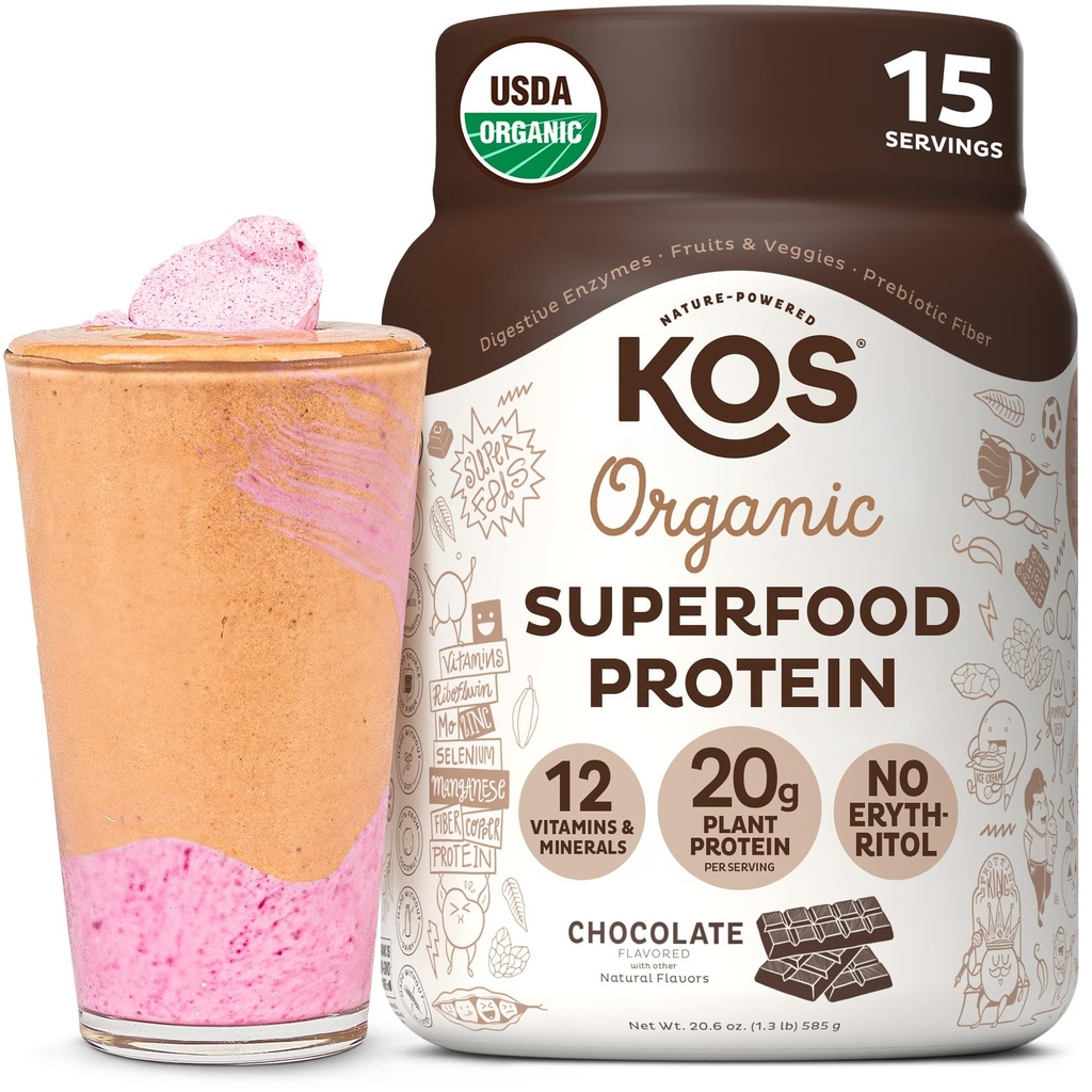 KOS Planta base de pólvora de proteínas, Chocolate USDA Organic - Pea de baja carb Protein Blend, Vegan Superfood with Vitamins & Minerals - Keto, Soy, Dairy Free - Meal Replacement for Women &amp; Men - 15 Servings