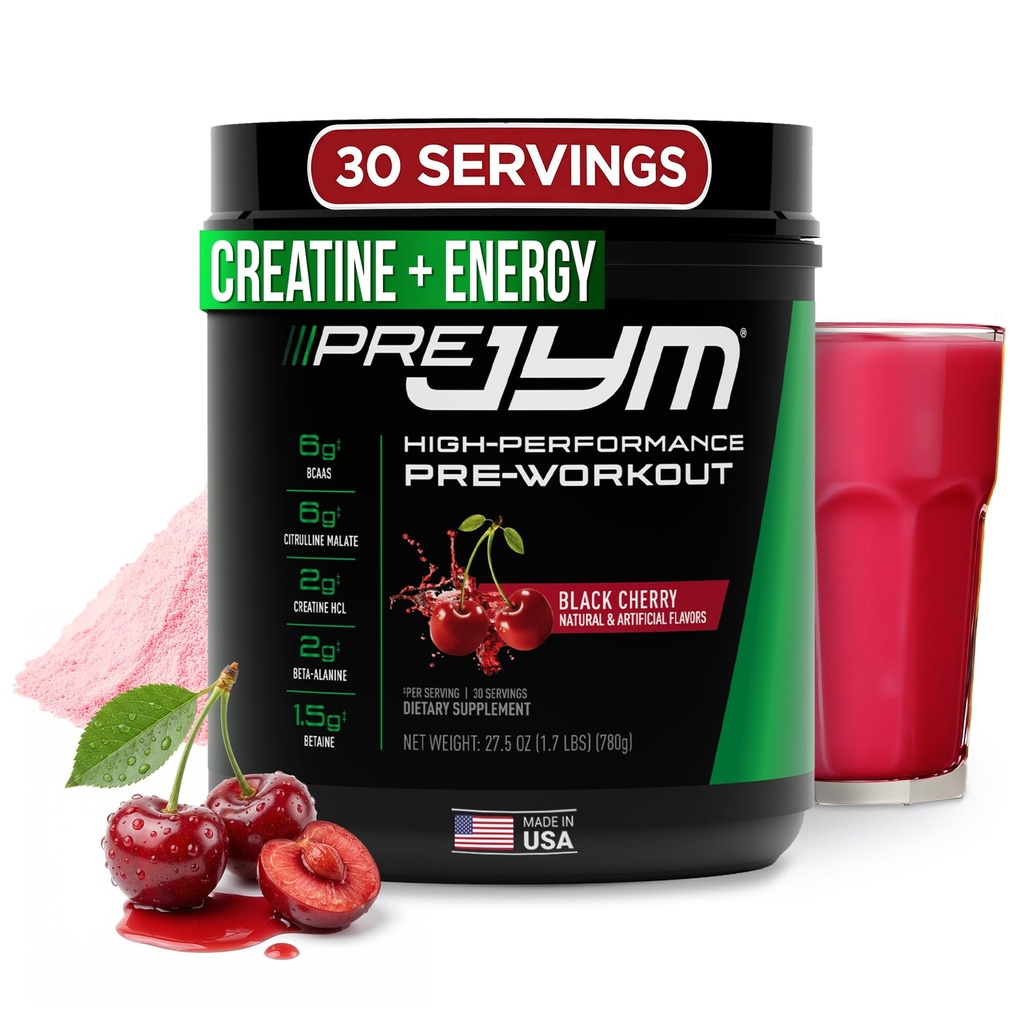 JYM Supplement Science Pre JYM Black Cherry Pre Workout Powder for Men &amp; Women, BCAAs, Nootropics, Creatine HCI, Citrulline, Beta-Alanine, Betaine, Taurine, Huperzine, 30 Servings
