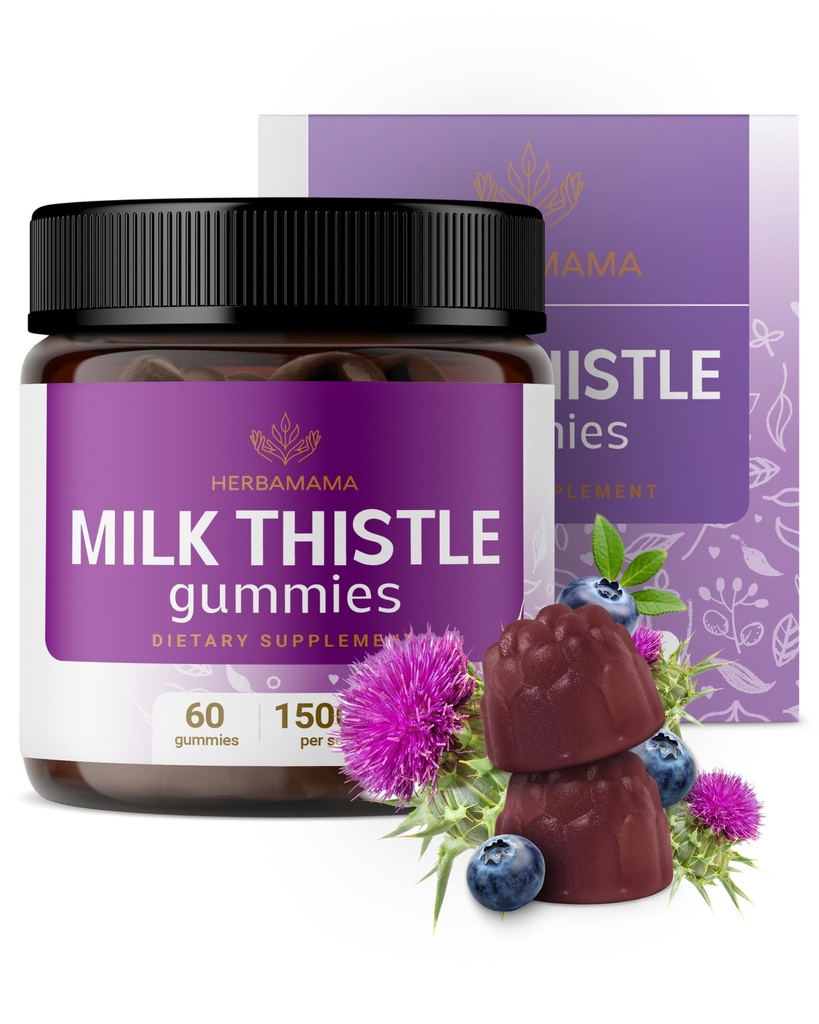 HERBAMAMA Milk Thistle Suplemento - 1500mg Milk Thistle Seed Gummies for Liver Cleanse - Vegan, Non-GMO Liver Support with Silybum Marianum - 60 Pectin-Based Blueberry-Flavored Chews