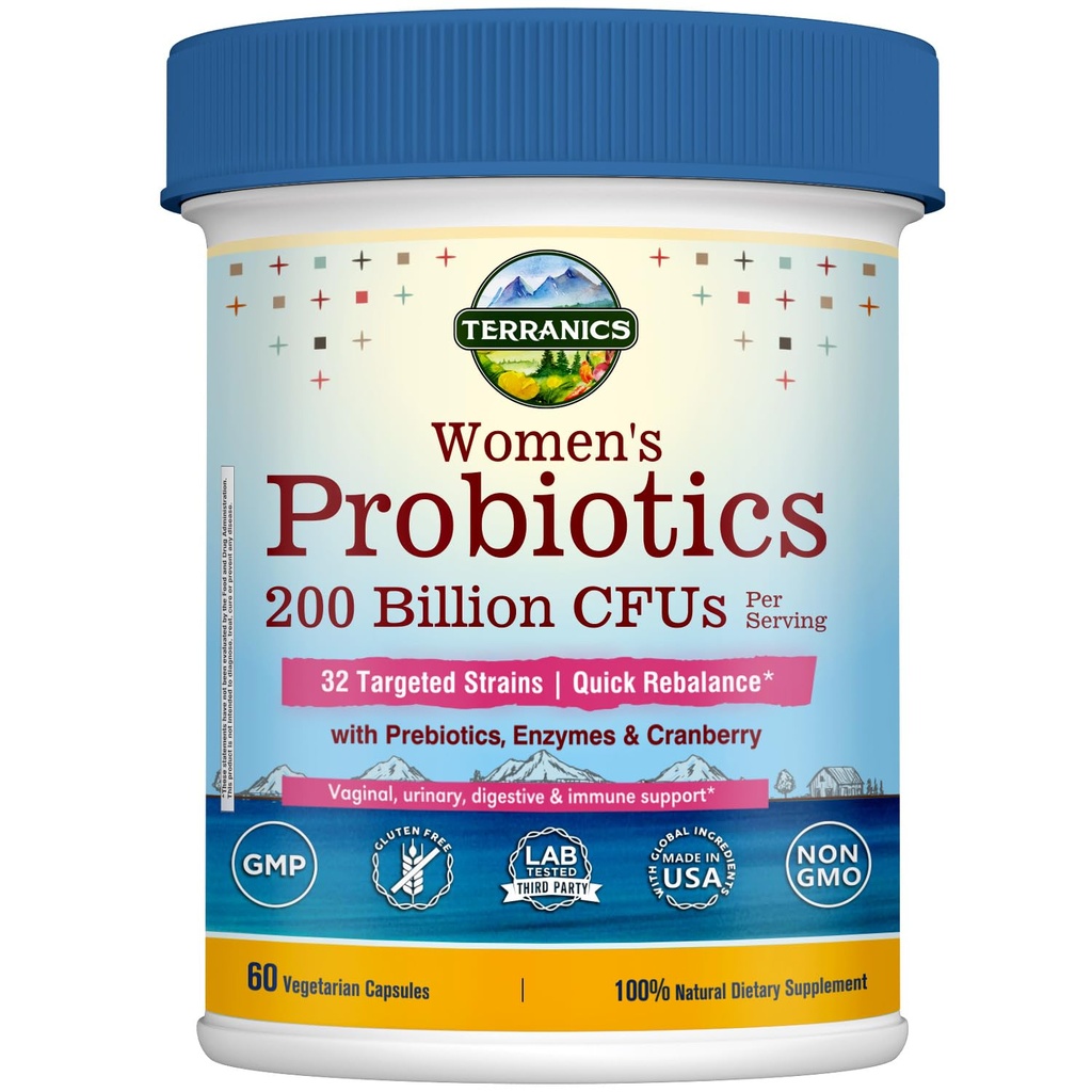 Probióticos diarios de Terranics para mujeres, 200 millones de probióticos de estrado de 32, con arándano, prebióticos " Enzymes, rebalance Vaginal Flora " , Delayed Release, Shelf Stable, 60 caps Vegan