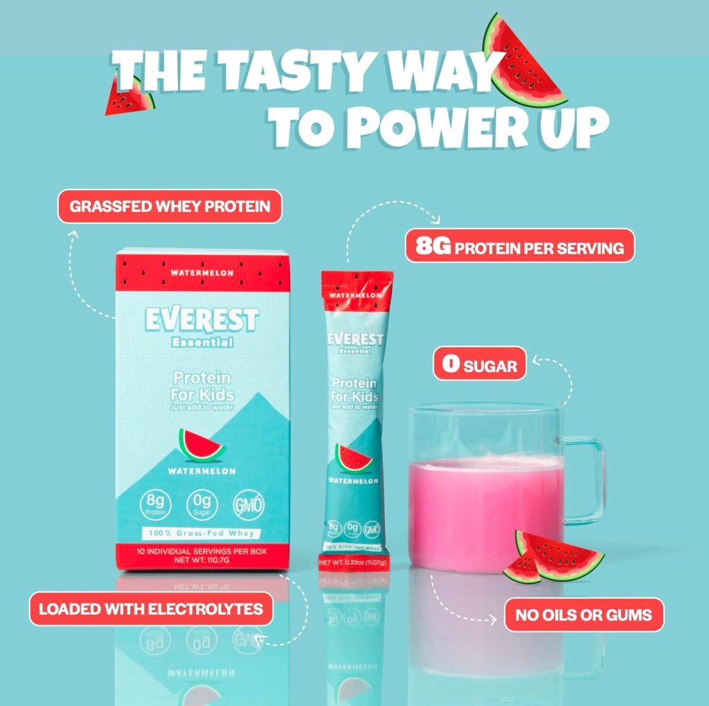 Everest Essential, Kid's Clear Whey Protein Powder (Watermelon, 10 Packets) Protein Drink Mix for Kids, Electrolytes for Kids, 8g Protein Por Serving, Non GMO, Zero Añadido Sugar