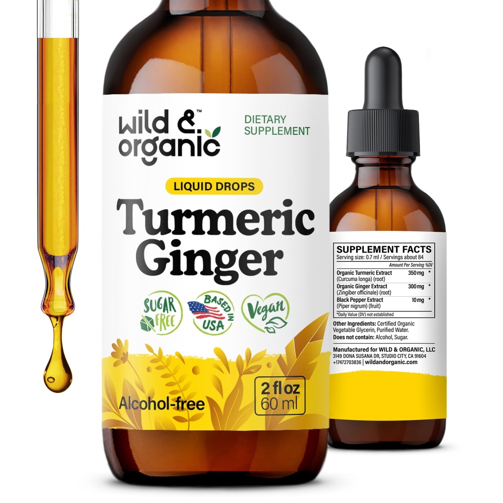 Salvaje " Turmérico orgánico y gotas de suplemento de jengibre - Soporte conjunto " cúrcuma líquido con extracto de jengibre y pimienta negra - Suplemento de la cuna - Vegan, azúcar " Tintura libre de alcohol - 2 oz