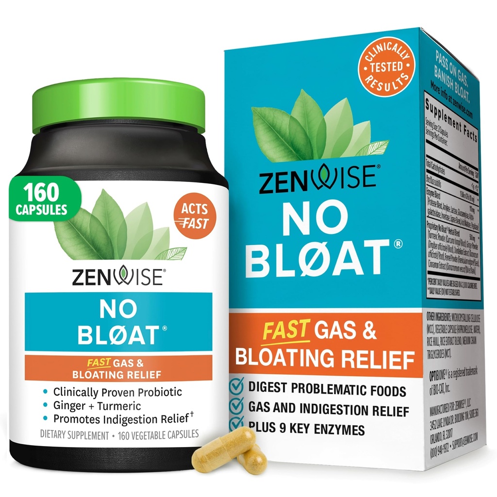Zenwise Health No Bloat Digestive Enzymes for Gut Health, Gas &amp; Bloating Relief - Multi Enzymes Digestion Supplement with Probiotics, Ginger, Turmeric Dandelion & Lactase - Hombres &amp; Mujeres - 160 Cuenta