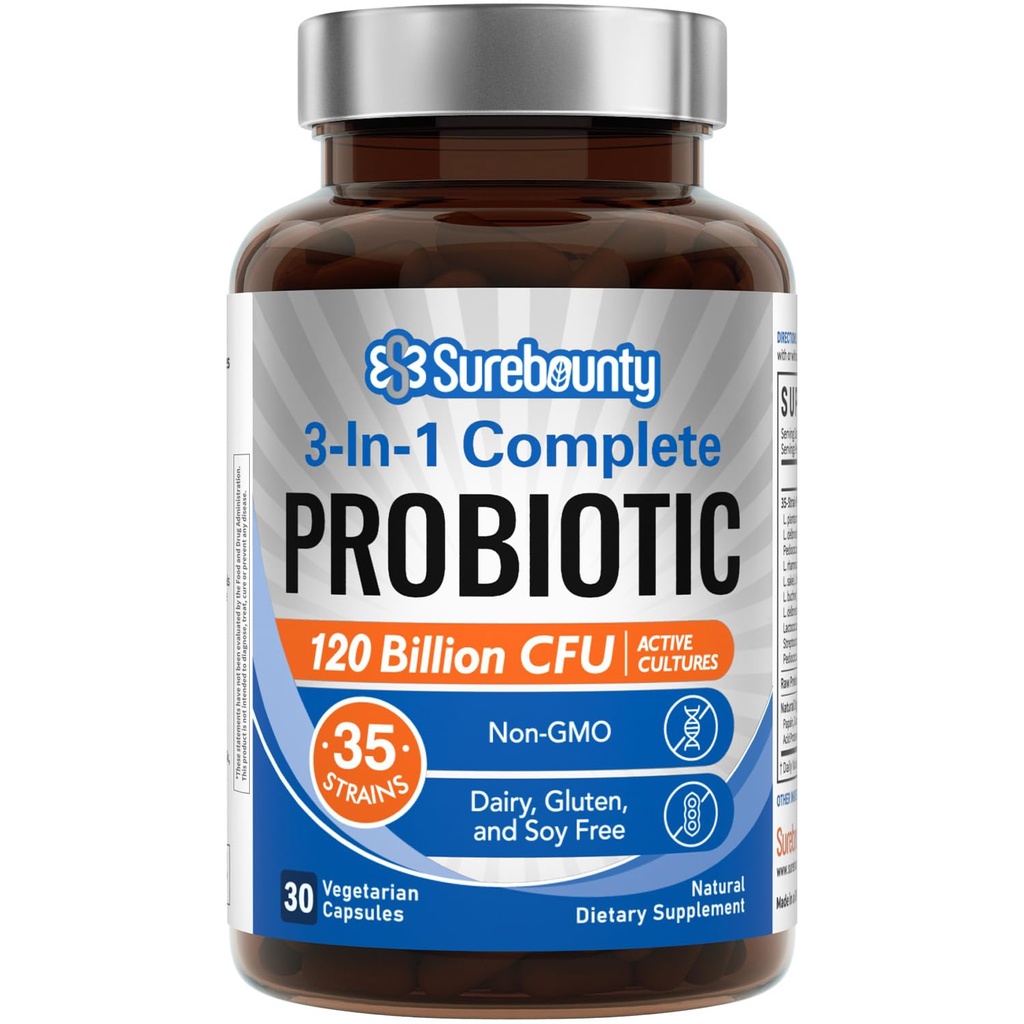 Probióticos 120 Billones CFU, Probióticos para Hombres &amp; Mujeres, Prebióticos + Enzimas Digestivos, Potencia más alta, Probiótico completo 3 en-1, Apoyo Digestivo, 30 Caps