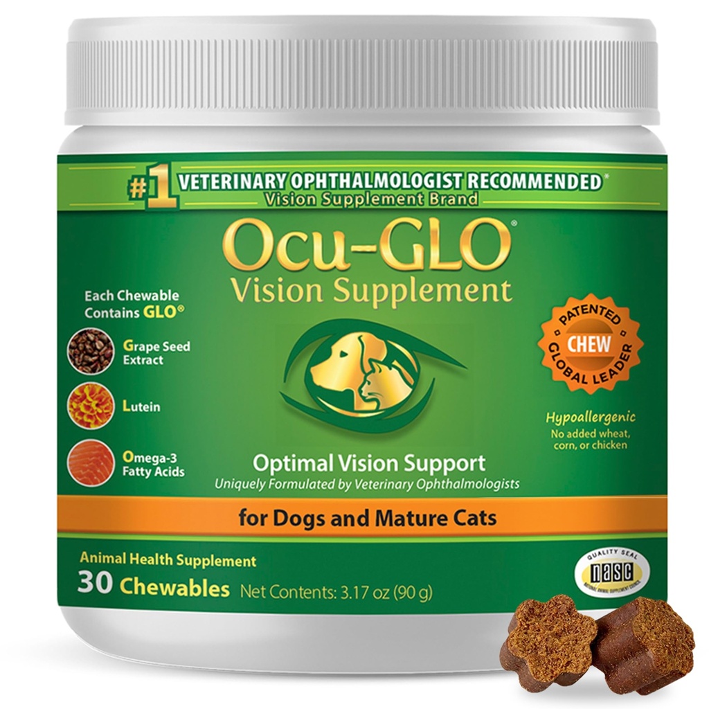 Ocu-GLO Cat &amp; Dog Senior Supplement for Eye Support - Chewable Vision Vitamins Supplements for Large and Small Pets Care with Lutein, Omega-3 Fatty Acids, Grape Seed Extract & Antioxidants