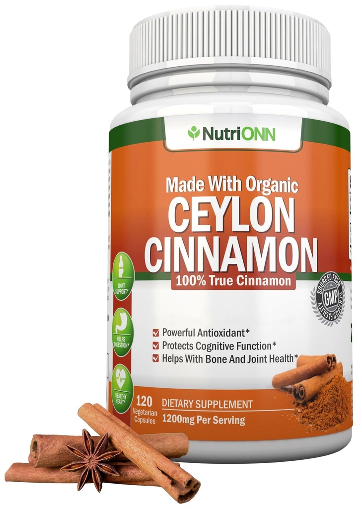 Organic Ceylon Cinnamon 1200 mg  120 Vegan Capsules ← True Cinnamomum verum from Sri Lanka ← Non-GMO, Third-Party Lab Tested, Low Coumarin, GMP Certified
