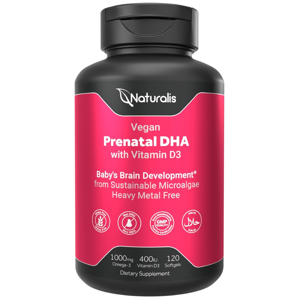Naturalis Vegan Prenatal with Full Specrum Omega-3 Silencio Algae DHA, EPA, DPA, Vitamina D3 " Active Folic L 5-MTHF ANTE Vegan Society Certified, Sustainably Sourced, Non-GMO &amp; Soy Free TEN 120 Veggie Softgels