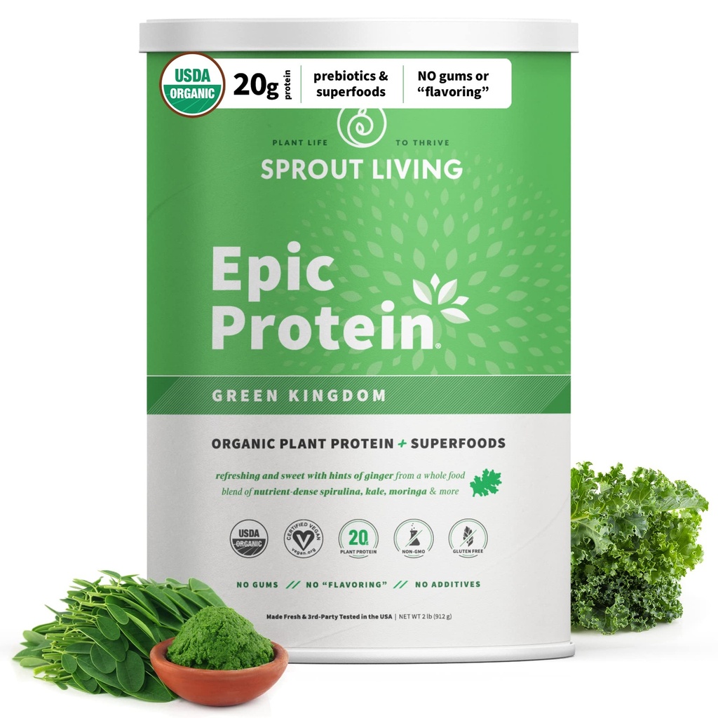 Sprout Living Epic Protein, Plant Based Protein & Superfoods Powder, Green Kingdom  20 Grams Organic Protein Powder, Greens, Vegan, Non Dairy, Non-GMO, Gluten Free, Low Sugar (2 libras, 24 servidos)