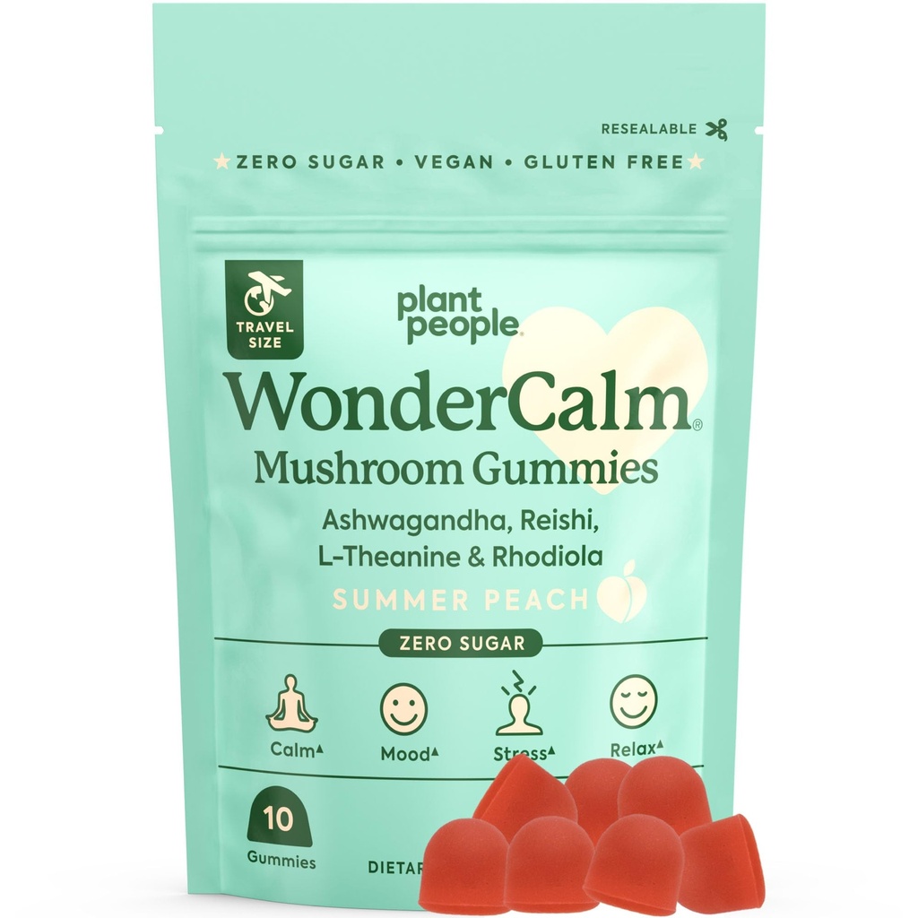 Plant People WonderCalm Mushroom Gummies - Natural Ashwagandha Suplemento de Ease Stress " Boost Mood for Adults Without Sugar, Gluten or Artificial Colors, Vegan-Friendly, Peach Flavor (Tamaño de Trial)