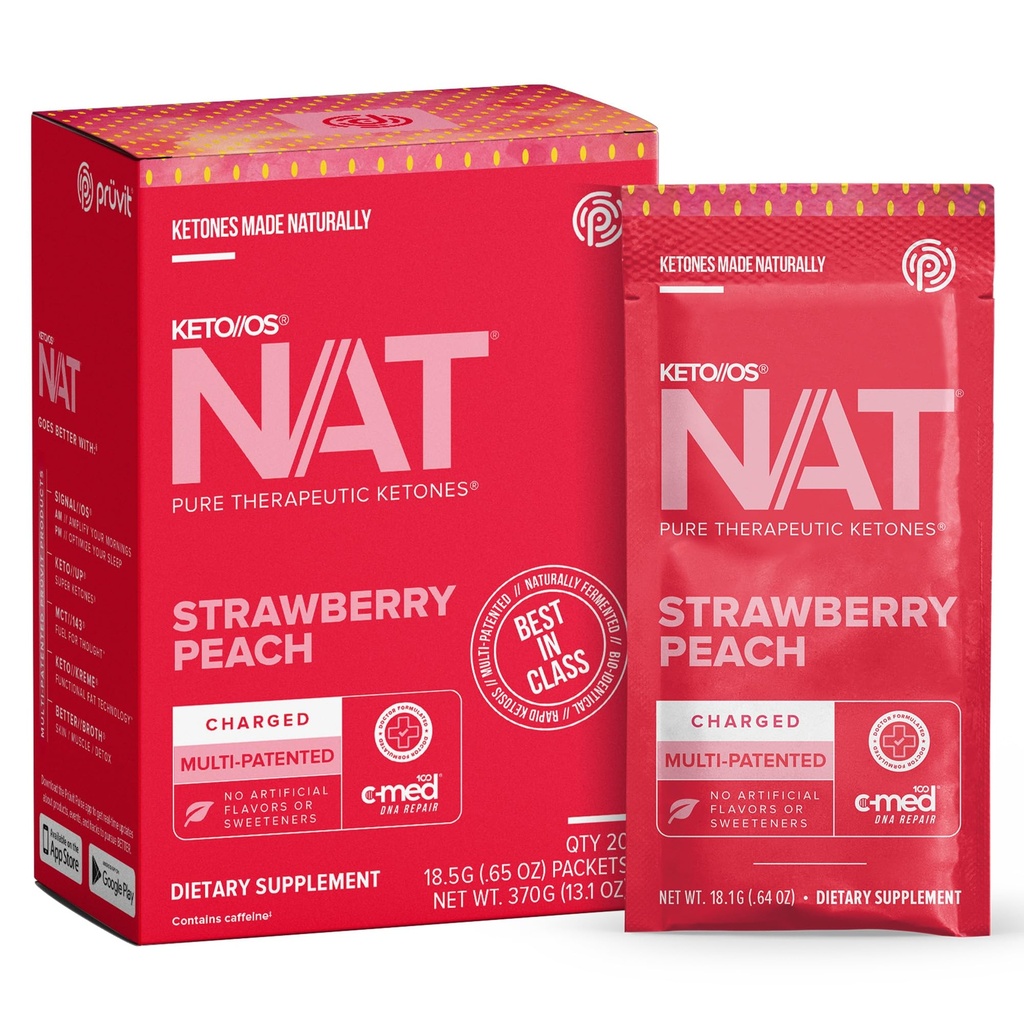 Pruvit - Keto//OS NAT - Fresa Peach Charged Drink Mix con C-Med 100, L-Taurina, Vitaminas B6 &amp; B12, Ketone Supplement - 18.5g