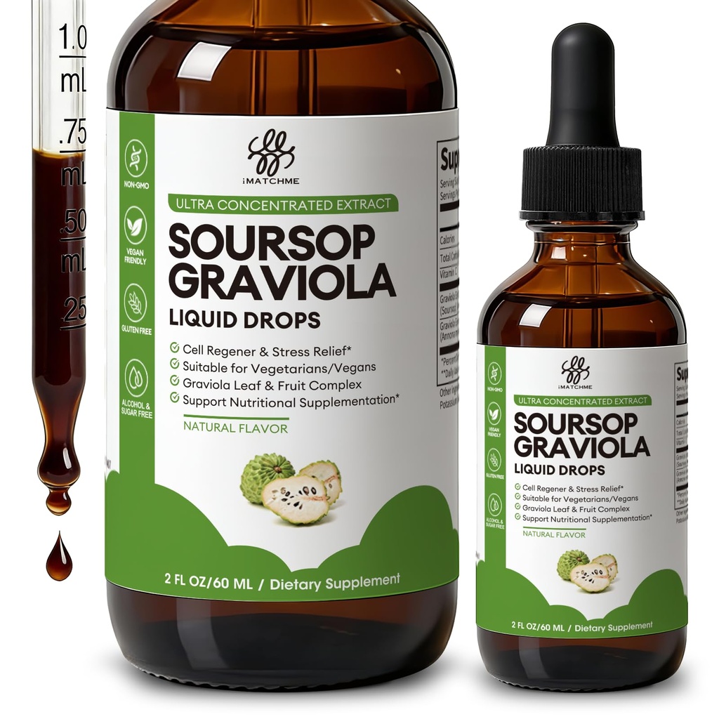 iMATCHME Soursop Graviola Liquid Drop for Cell Support &amp; Regeneration, Immune System and Gut Health Support, Pure Soursop Bitters Liquid, High Absorption, Sugar/Gluten Free, Natural Flavor, 2 Fl Oz