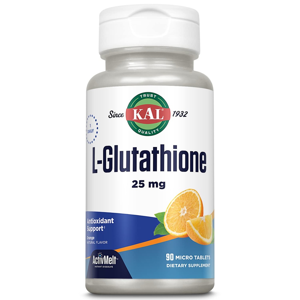 KAL L-Glutathione, Reducido Glutathione Suplemento, Alta Absorción Antioxidante, Orange Flavor Instant Dissolve ActivMelt, Vegetariano, Lab Verified, 90 Servimientos, 90 Micro Tabletas