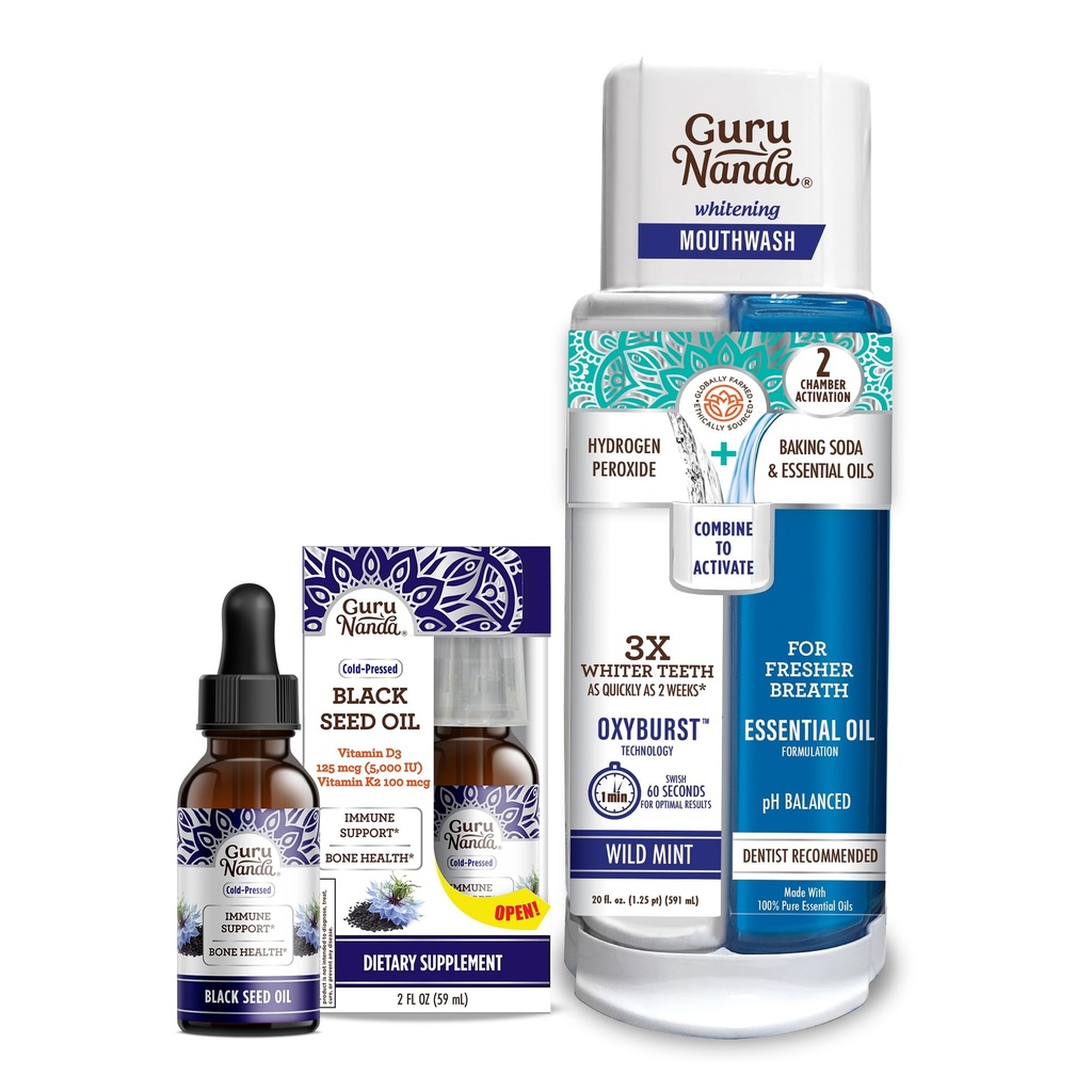 GuruNanda Black Seed Oil, Cold-Presed Nigella Sativa - Rich in Vitamin D3 5000 Units, K2 &amp; E & Dual Barrel Oxyburst Whitening Mouthwash - Contains Hydrogen Peroxide