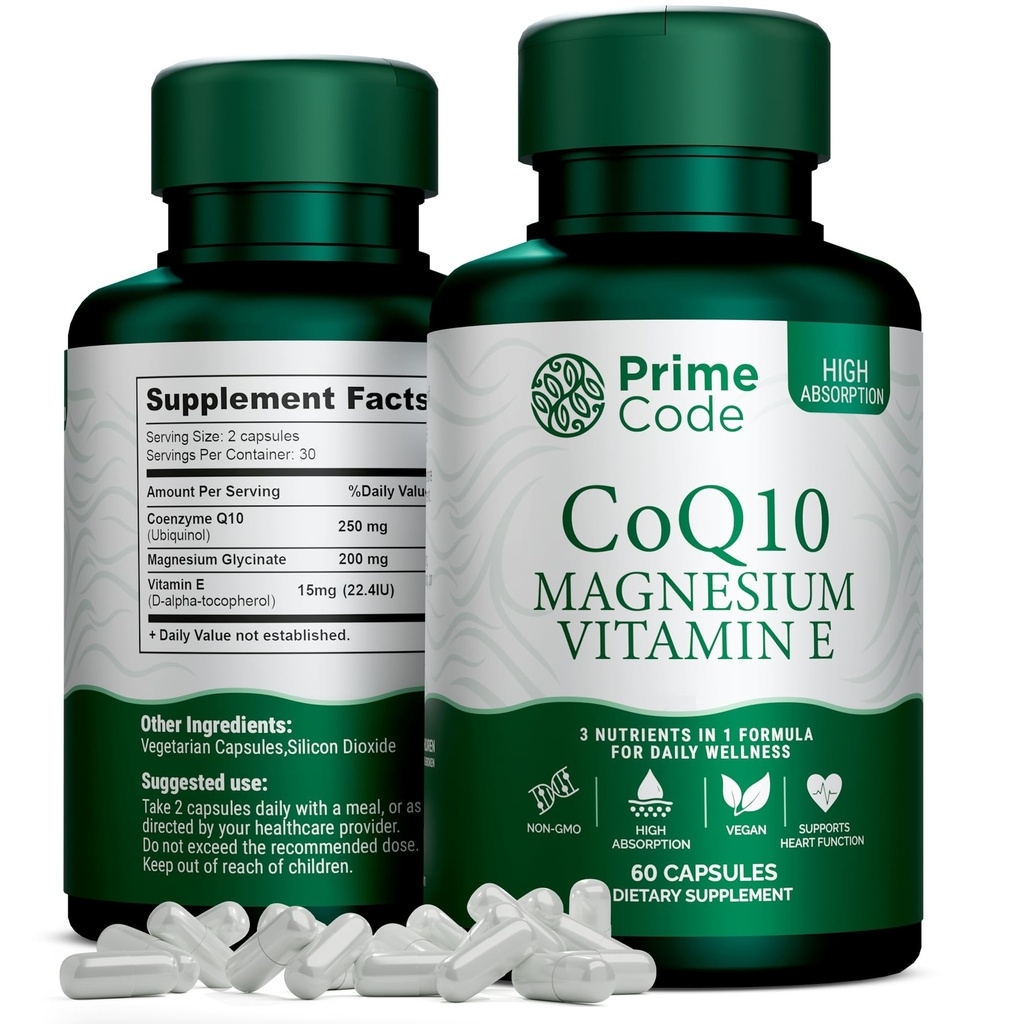 Prime Code [ 3 in 1] CoQ10 250mg with Magnesium Glycinate and Vitamin E ← CoQ10 Capsules 250mg  Magnesium Glycinate 200mg ← Vitamin E 15mg ← Non-GMO TEN Gluten &amp; Soy Free ← Vegan