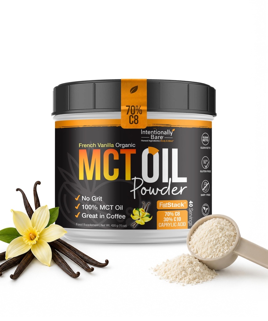 Intentionally Bare MCT Oil Powder French Vanilla MCT Coffee Creamer - C8 MCT Oil Powder for Energy & Metabolism - No Grit Keto Energy Blend Excellent in Baking, Shakes & Creamer for Coffee - 40 Ser